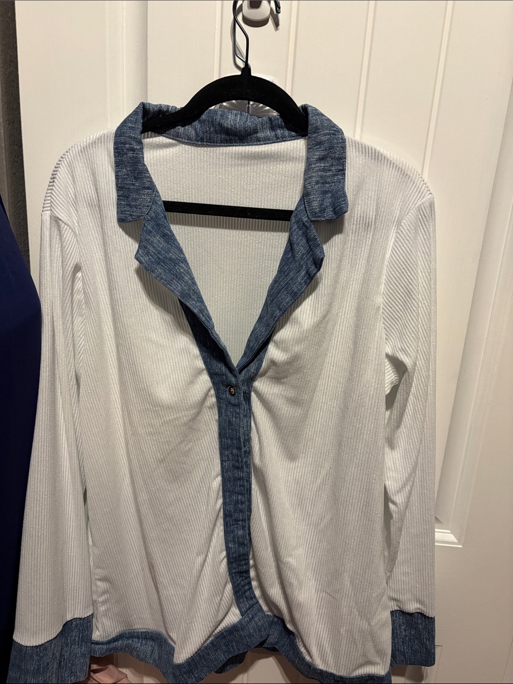 White Button-Down Top with Blue Contrast Trim - Women's
